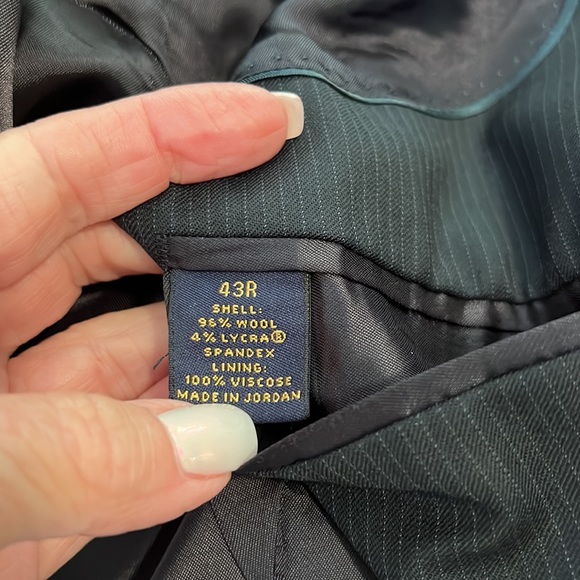 Men’s navy pin striped suit. Jacket is 43R and pants are a 36W, 31L. - Picture 11 of 12